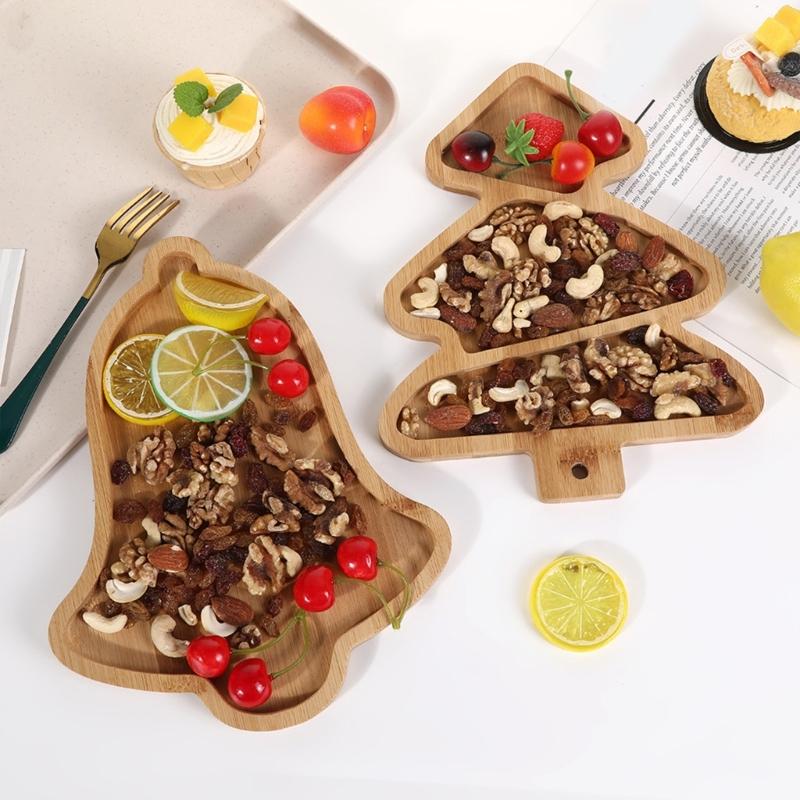 Unique Christmas Patterned Serving Dish Festival Christmas Tree/Bells Shape Platters Stable Wood Serving Tray for Snacks