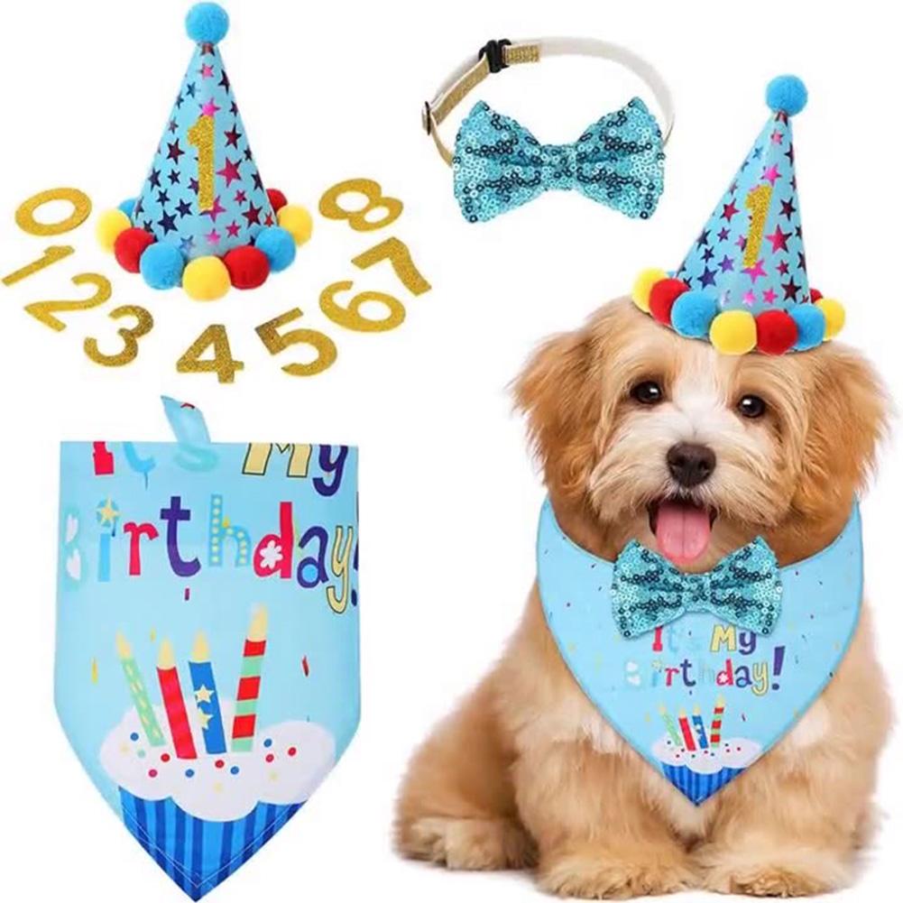 Dog Birthday Hat with Numbers Birthday Hat Bow Tie Bandana Pet Birthday Party Set for Large Medium Small Dog Puppy