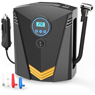 Compresor de aire digital para inflar neumáticos de coche, portátil, 150 PSI, CC, 12 V, cable de 9,5 pies, pantalla de presión digital y 3 adaptadores de válvula de boquilla para coche, bicicleta