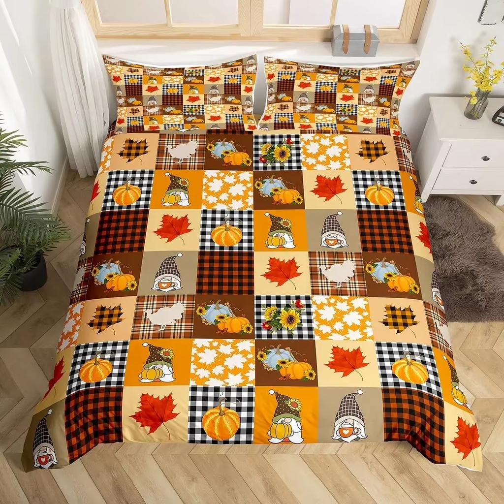 Pumpkin Duvet Cover Set Maple Leaves Bedding Sets Thanksgiving Plant Pattern Comforter Cover Set Autumn Harvest Farmhouse Decor