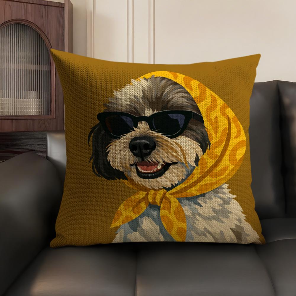 Dog Wearing A Hat Cushion Cover Summer Breathable Linen Organic Fabric Double-Sided Printing Sofa Pillow Case Home Decor