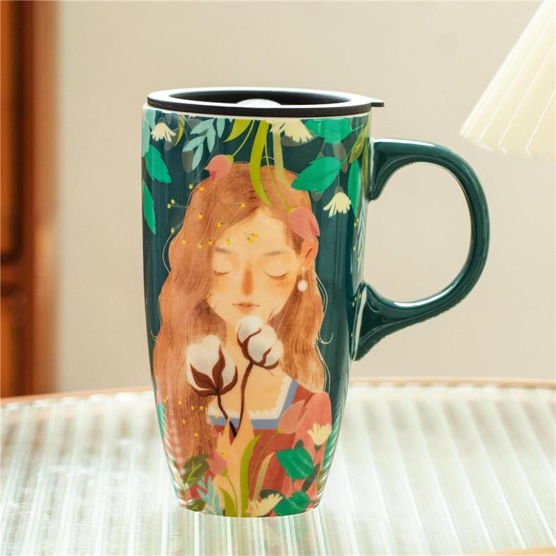 Large Capacity Ceramic Coffee Mug Travel Mug with Lid Latte Mugs With Handle Household Drinking Flower Tea Cup