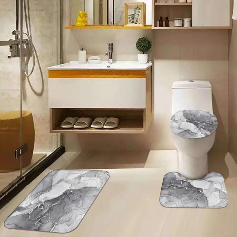 Elegant Marble Design Bathroom Set: Waterproof Shower Curtain, Toilet Seat Cover, Non-Slip Rug, And 12 Hooks - Polyester Fabric,