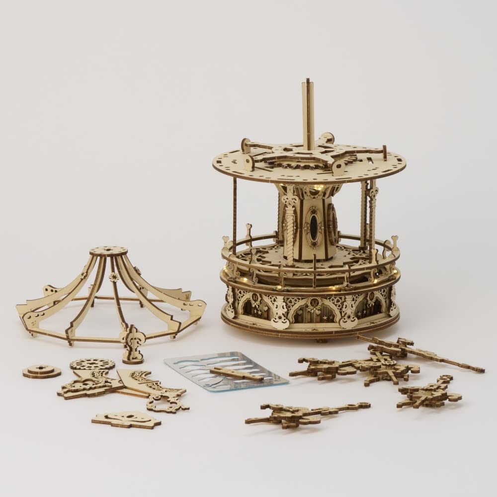 3D Moving Wooden Puzzle with LED and Music Box with Japanese Instructions Tsukurundesu® (Pony Carousel)