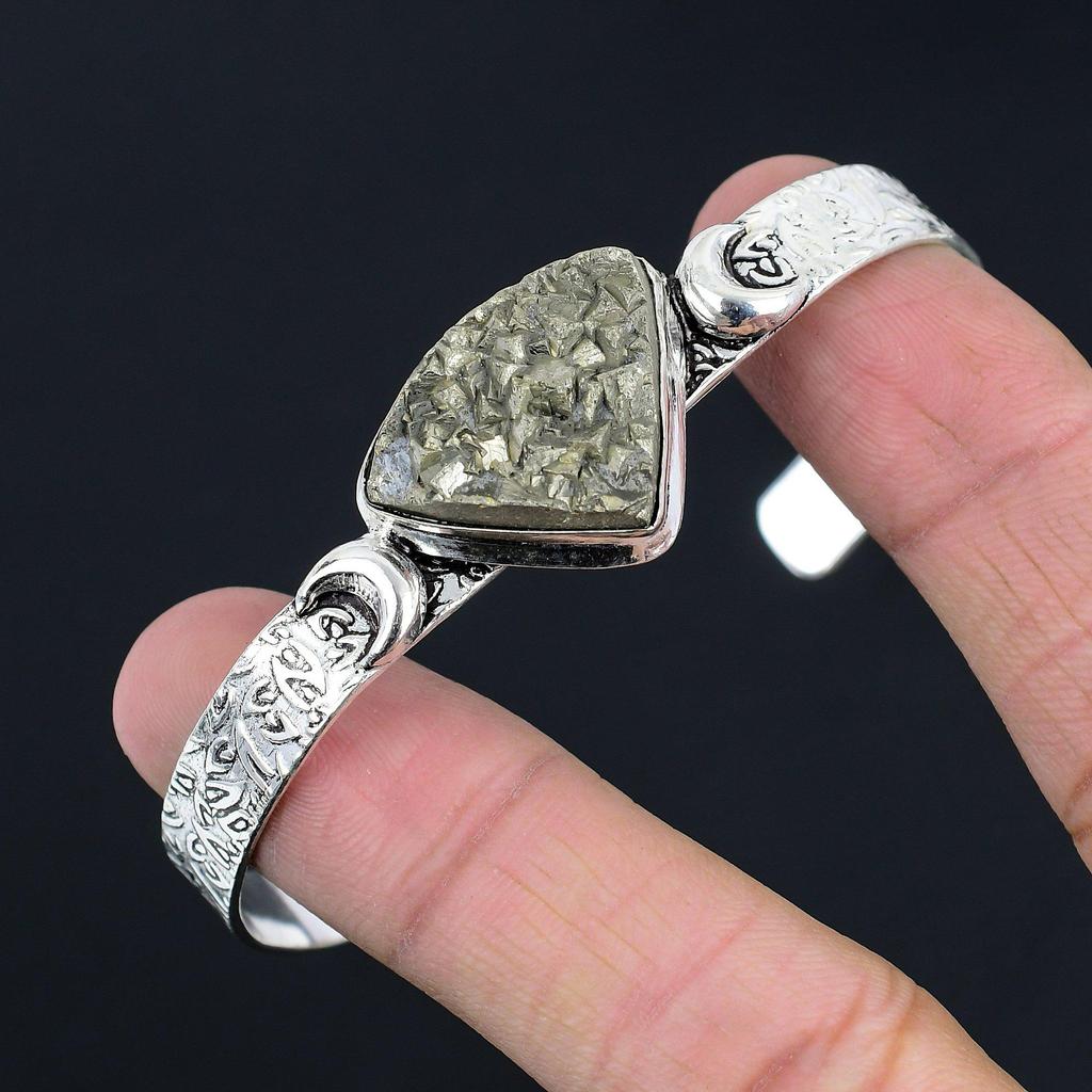 Womens day Sale Trillion Pyrite Druzy Stone Crescent Moon Wife Bangle 925 Silver