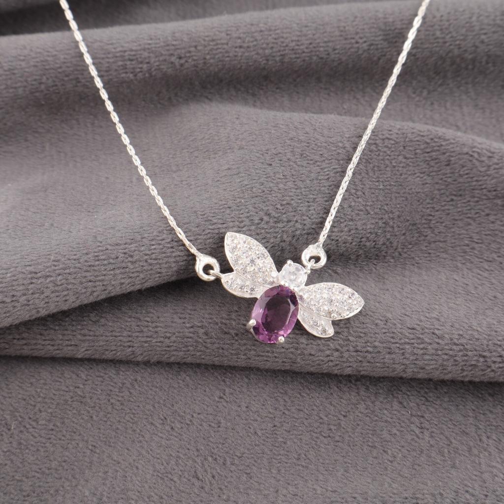 Amethyst Gemstone 925 Sterling Silver Zircon Jewelry Butterfly Pendant 0.50" CZP-12-7
