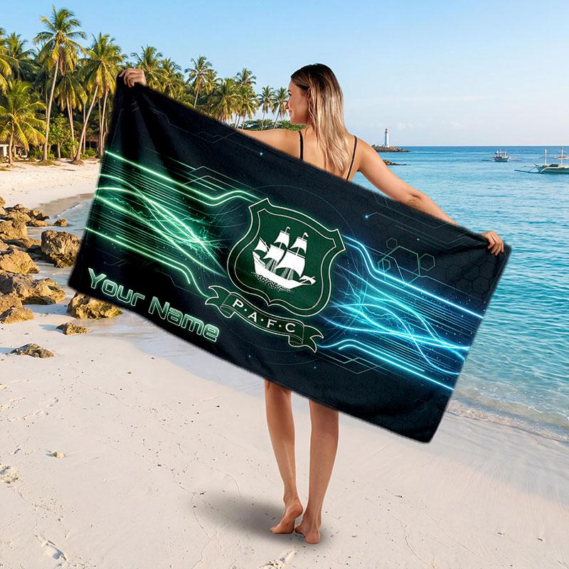 Plymouth Argyle FC Custom Beach Towel, Personalized Name Text Print, Football Logo Soft Quick‑Dry Towel Holiday Gift