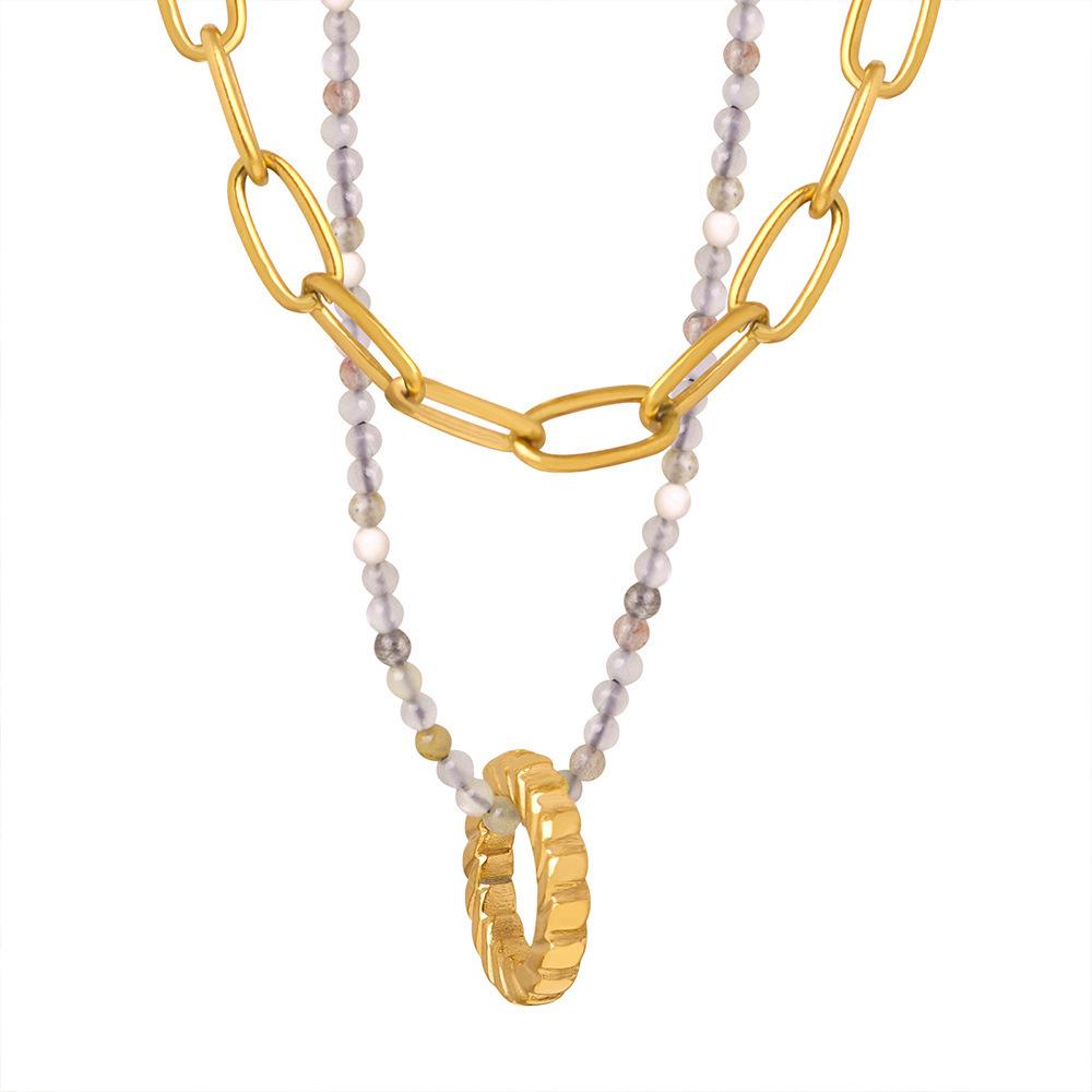 Fashionable Niche Titanium Steel Gold-plated Ring Pendant Handmade Bead Double Layered Necklace Jewelry for Women