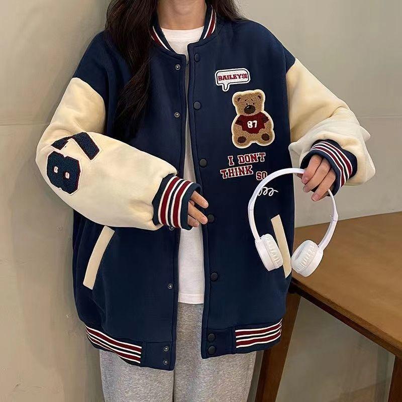 New Retro Bear Baseball Uniform for Autumn and Winter for Women with Niche Design High Street Loose Casual College Style Jacket