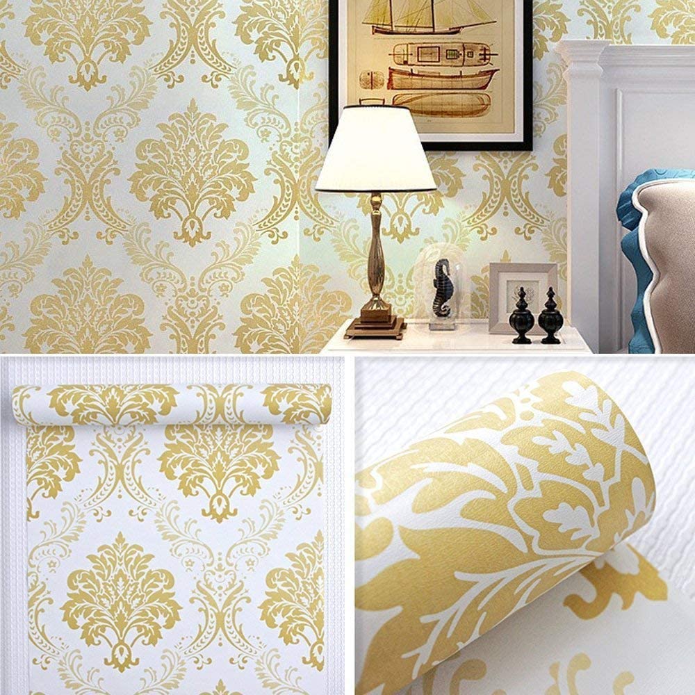 Luxury Gold Damask Peel and Stick Wallpaper Removable Printed Stick Wall Paper Decorative Self Adhesive Shelf Drawer Liner Roll