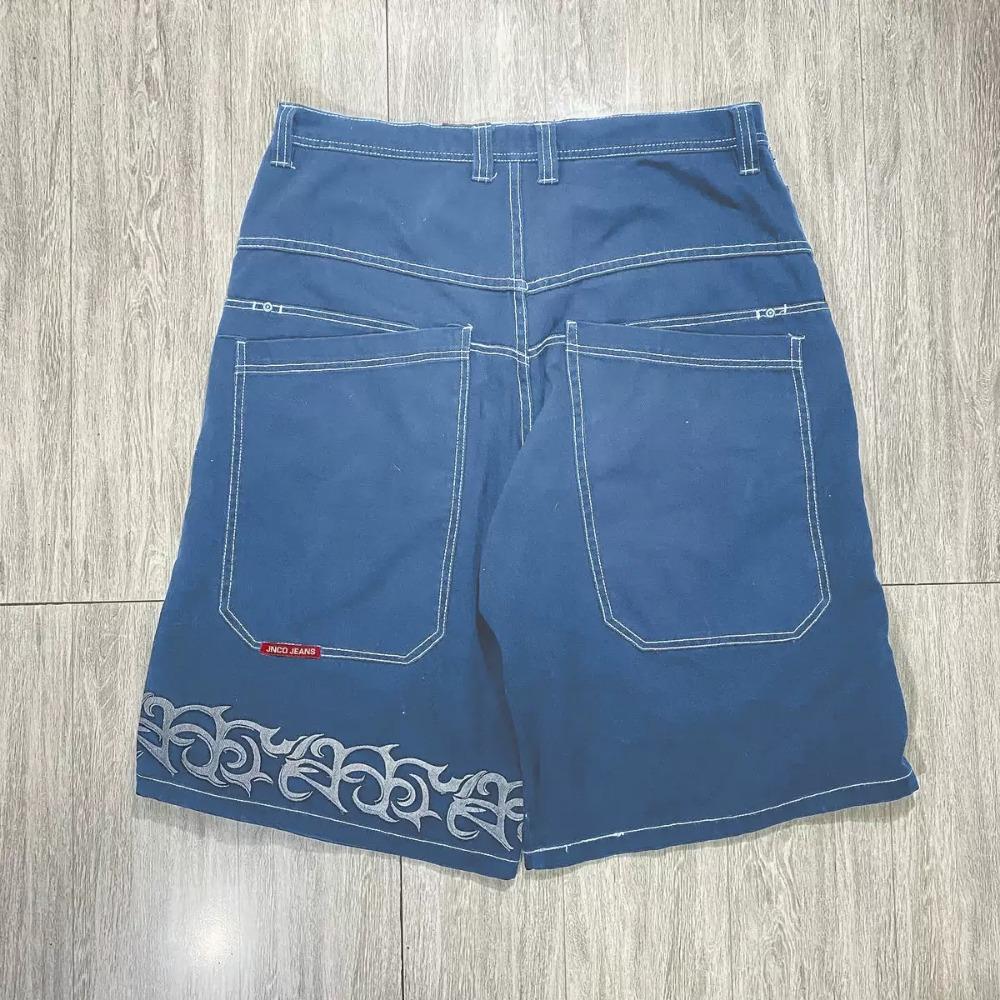 Hip Hop Retro Szorty Jeansowe Y2k Niebieski Prany Szeroka Nogawka Proste Spodnie Robocze Męskie Damskie Streetwear Jorts Odzież