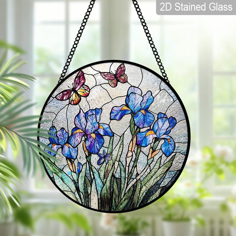 2D Flat Stained Glass Flower Window Decoration Colored Glass Plate, 7.87inches Hanging Ornament with Chain, Charming Spring Summer Sun Catcher Home
