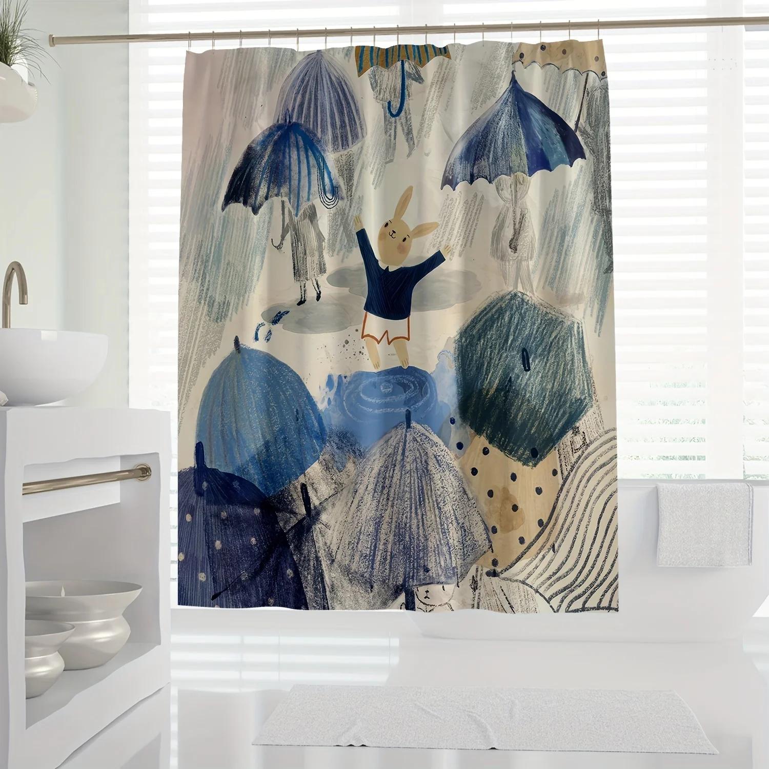 

1Pc Nordic Modern Simple Cartoon Hand-Painted Rabbit Cute Digital Print Shower Curtain W60H190(CM)-1 Pcs