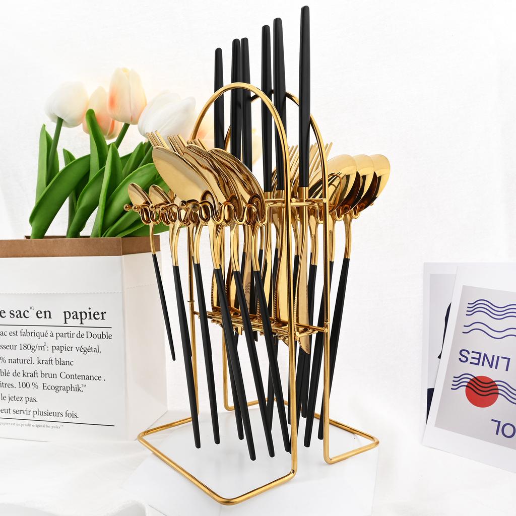 24stk sort gull servisesett rustfritt stål bestikksett kjøkkengaffel kniv skjeer servisesett bestikksett sølvtøy stativ