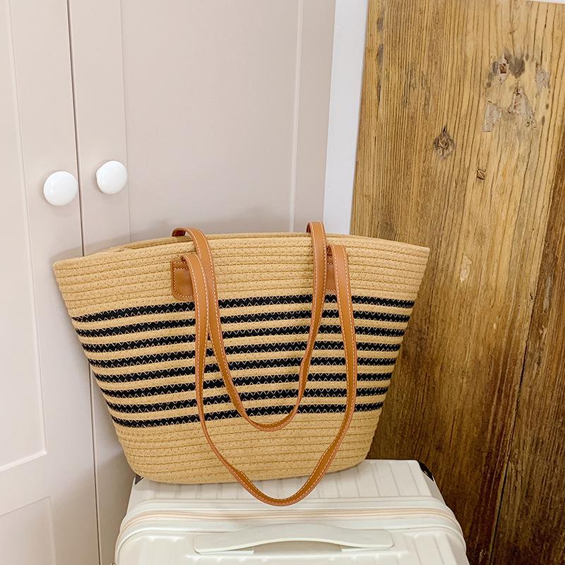 Stylish Large Capacity Striped Woven Beach Tote with Custom Logo