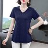 Frühling Sommer Baumwolle Kurzarm T-shirt Damen Dünne Mittellange V-ausschnitt Casual All-match Glitzernde Top