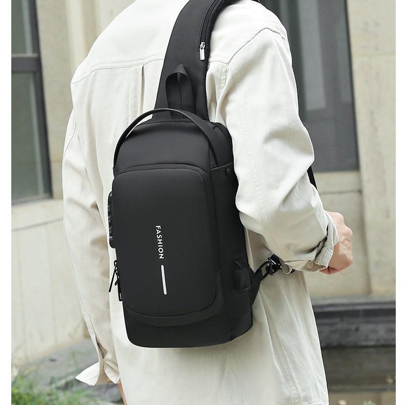 Men's Single Shoulder Crossbody Bag with Combination Lock and USB Port