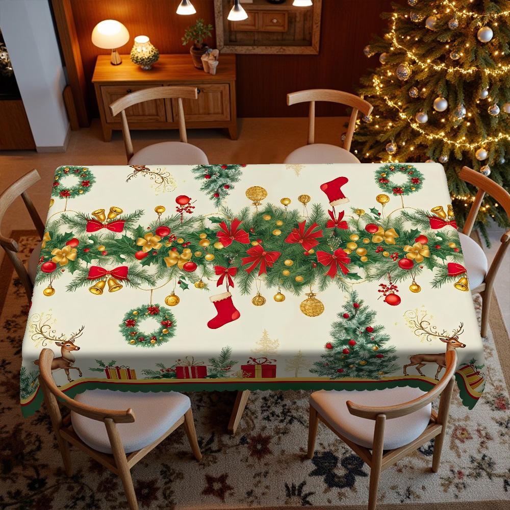 Christmas Tablecloth Bell Flower Print Waterproof Tablecloth Party Coffee Table Tablecloth, Holiday Decorative Tablecloth Round tablecloth-152x152cm