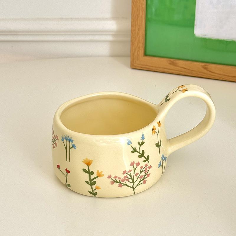 Korean Style Ceramic Mug Cute Hand Pinched Irregular Small Flower Pattern Coffee Cup Breakfast Milk Tea Cups Gift for Kids Girls