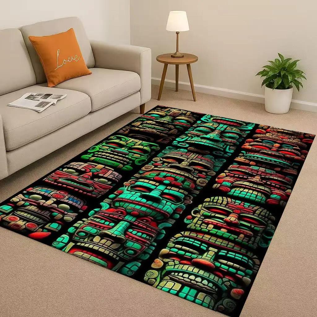Retro Aztec Totem Maya Mask Sun God Living Room Non-Slip Area Rug Soft Carpet For Bedroom Sofa , Easy Clean Home Doormat Playmat
