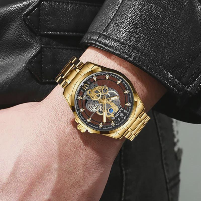 Men Watch Skeleton Quartz Wristwatch Gold Skeleton Retro Man Watch Top Brand Luxury Clock Mens Watches