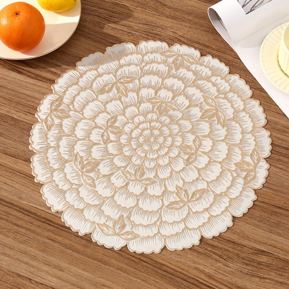 

Creative Kitchen Round Placemats Gold Washable Place Mats Wipeable Flower Leaf Dining Table Mats Party Table Decorative 38-38cm золотий