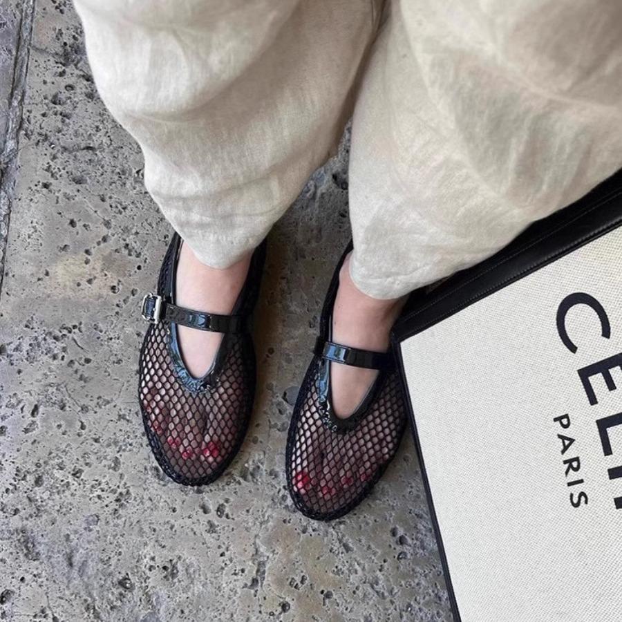 French Hollow Ballet Shoes Women's Flat Bottom One-word Buckle Metal Mesh Mary Jane Shoes Women's Niche Design Single Shoes