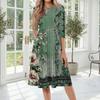 Women's Casual Fashion Round Neck Three Quarter Sleeve Printed Midi Dress