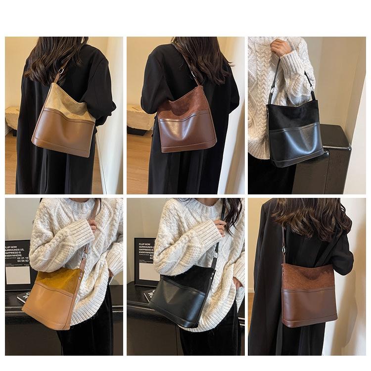 IELGY retro texture large-capacity bag, fashionable contrasting shoulder bag, versatile women's bucket bag