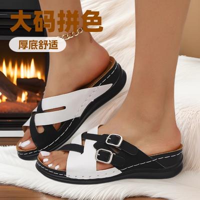 2025 Summer New Foreign Trade Women's Thick-soled Slippers Boot Large Size Color Matching Fish Mouth Color Matching Wedge Heel Thick-soled Slippers