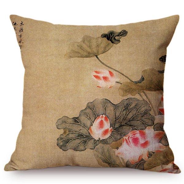 Chinese Style Vintage Ink Painting Lotus Pattern Throw Pillow Cover Classical Luxury Cushion Cover Sofa Decoration Pillowcase
