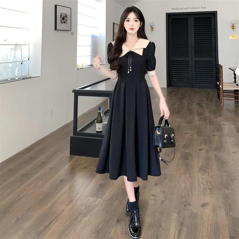 2026 summer double-layer naval collar academy style short-sleeved long dress children large size fat student age-reducing dress