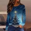Women's Fashion Casual Slit Hem Round Neck Long Sleeve Loose Christmas Printed T-Shirt Ladies Top