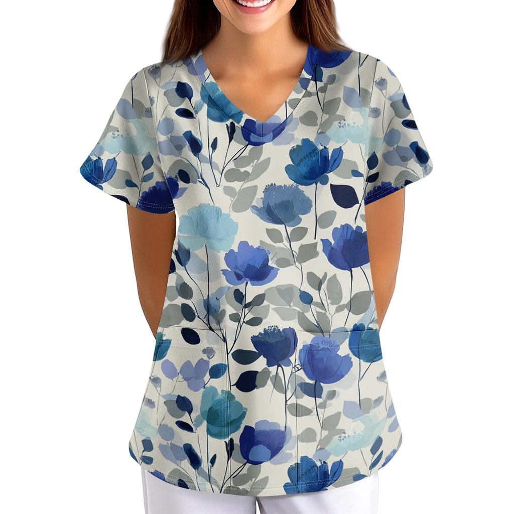 Women's Floral Print Loose Fit V Neck Short Sleeve Medical Scrub Top with Pockets for Healthcare Professionals Lightweight Breathable Fabric