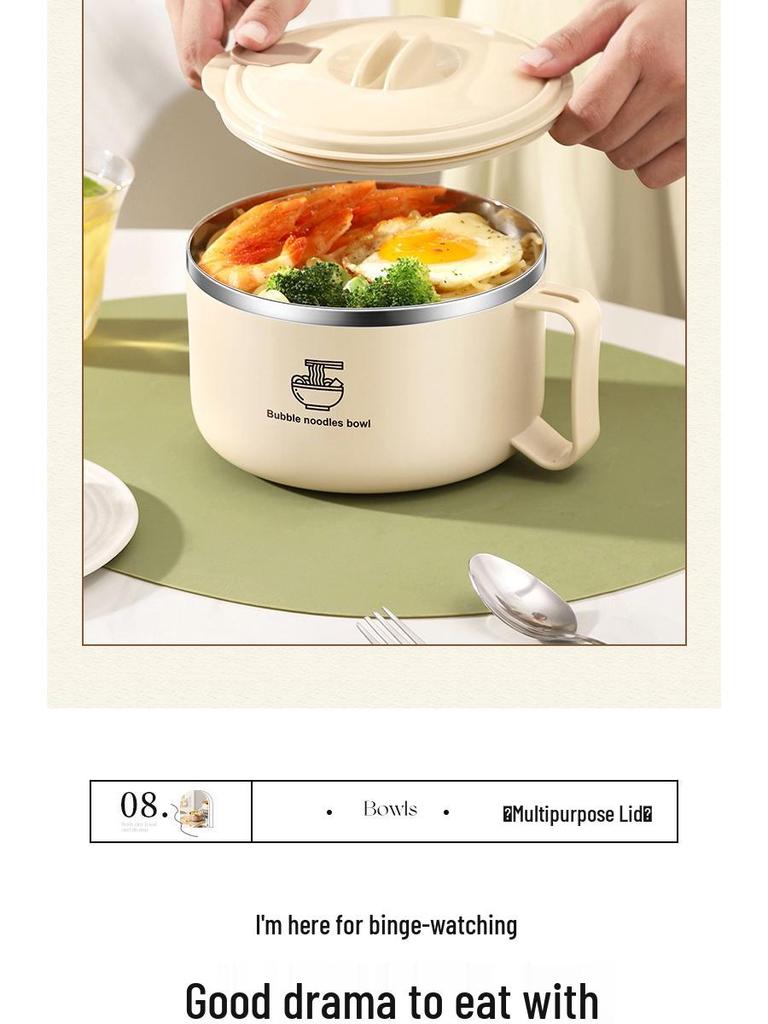 304 Stainless Steel Noodle Bowl with Lid: Large Capacity, Water-Draining for Dorm, Office, or Canteen