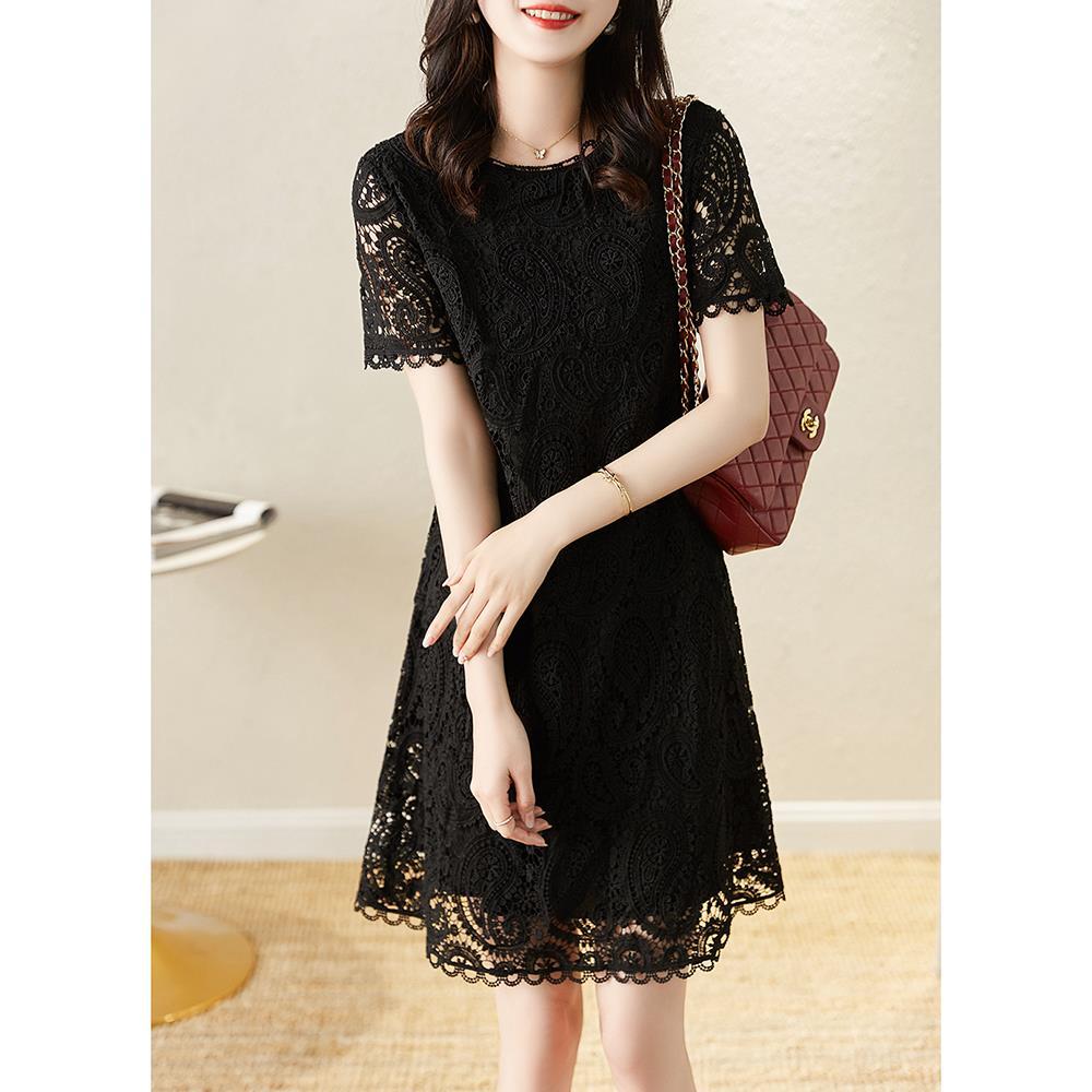 Elegant A-Line Knee Length Dress Casual Round Neck Short Sleeve Vestidos Holiday Party Lacing Splicing Hollow Robes