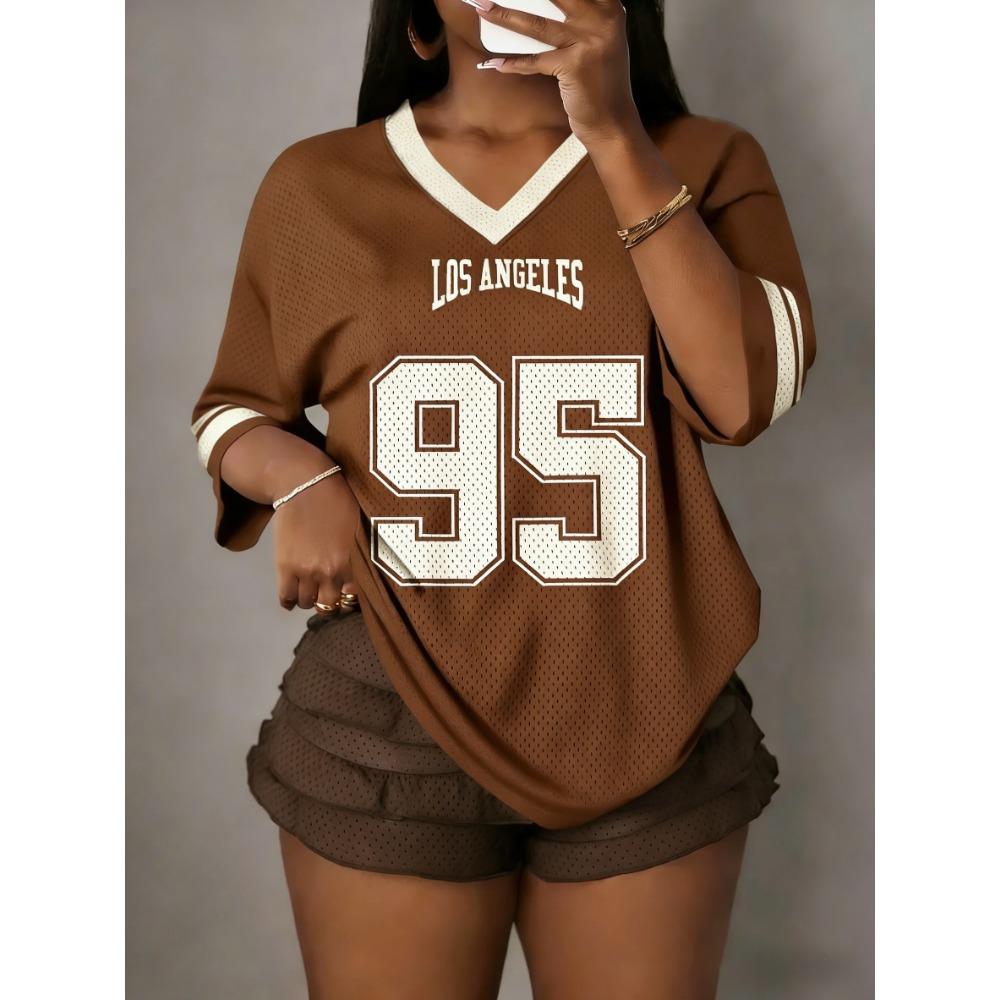 Women's Los Angeles NO.95 Print V-Neck Short Sleeve Hole Mesh T-Shirt Summer Tee Baseball Jerseys Sport T-Shirts