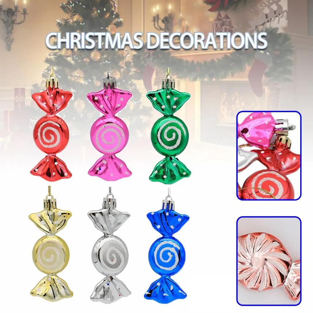 6Pcs Electroplating Plastic Candy Christmas Decoration Flat Candy Shape Xmas Hanging Ornament