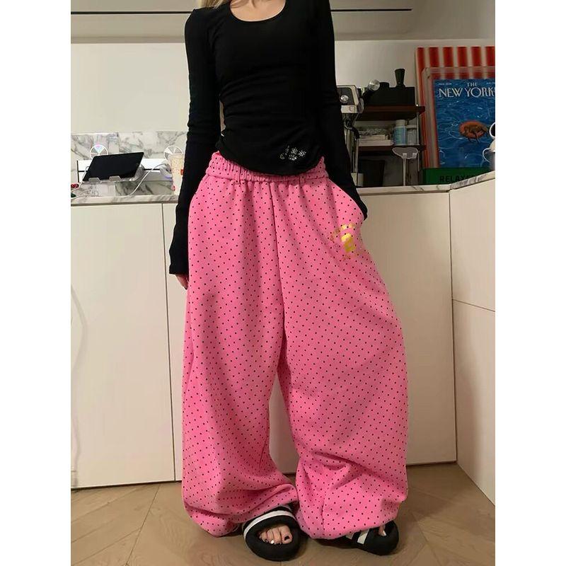 

Retro Korean-Style Dopamine Polka Dot Casual Pants for Women, Spring Season, Loose Fit, Slimming, Leg-Shaping Jazz Dance Bell-Bottom Pants 5393 Casual Pants-Pink S