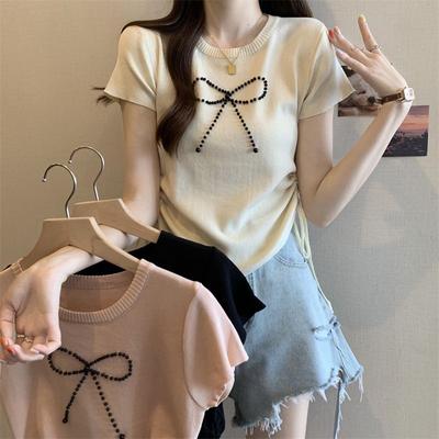 French Sweet Design with A Cinched Waist Knit Sweater Women's Summer Slim Fit Versatile Short Top