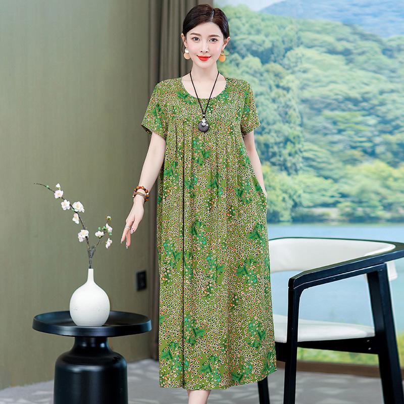 2 Neues hochwertiges florales Baumwoll-Seiden-Kleid für Damen-Sommer-Temperament, Bauchbedeckung für Mütter, große Größe künstliche Baumwolle langer Rock
