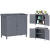 Freestanding Garden Storage Cabinet, 2-in-1 Double-Door Potting Table, Galvanized Top, Grey