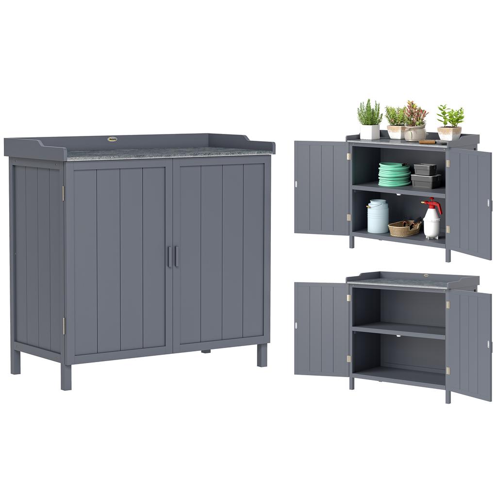 Freestanding Garden Storage Cabinet, 2-in-1 Double-Door Potting Table, Galvanized Top, Grey