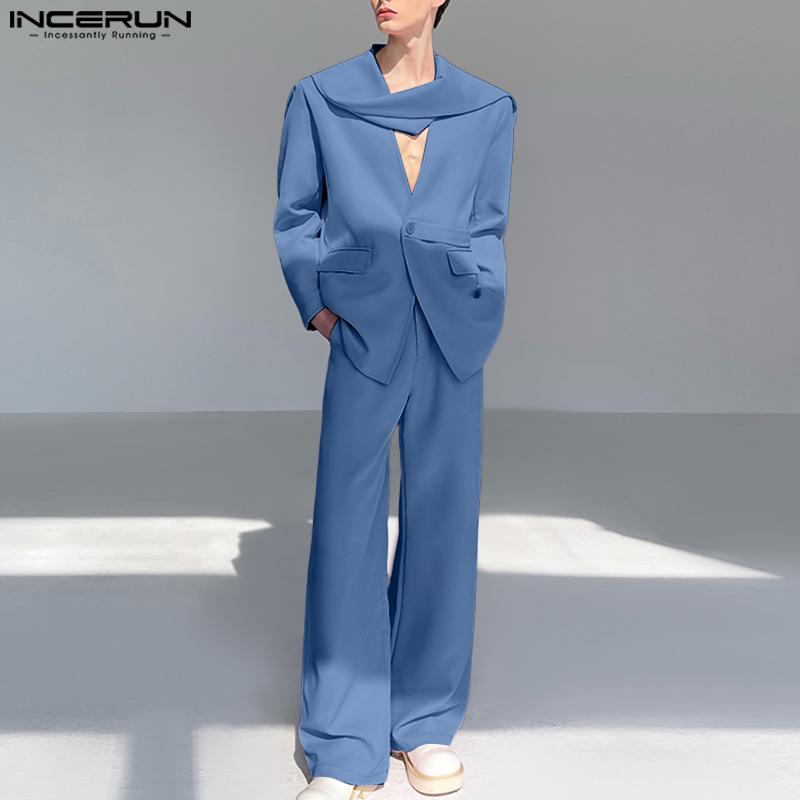 INCERUN Two Pieces Outfits Men Long Sleeve Layers Thin Blazer Long Straight Pants Party Sets