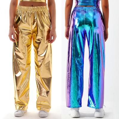 Women Metallic Pants Elastic High Waist Casual Holographic Color Trousers Wide Leg Pockets Hip Hop Long Pants