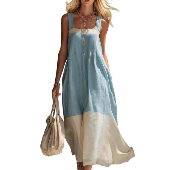 Huaqianguhh Summer Sleeveless Maxi Dress for Women, Color Block Square Neck A-line Long Dress, Casual Flowy Beach Vacation Sundress