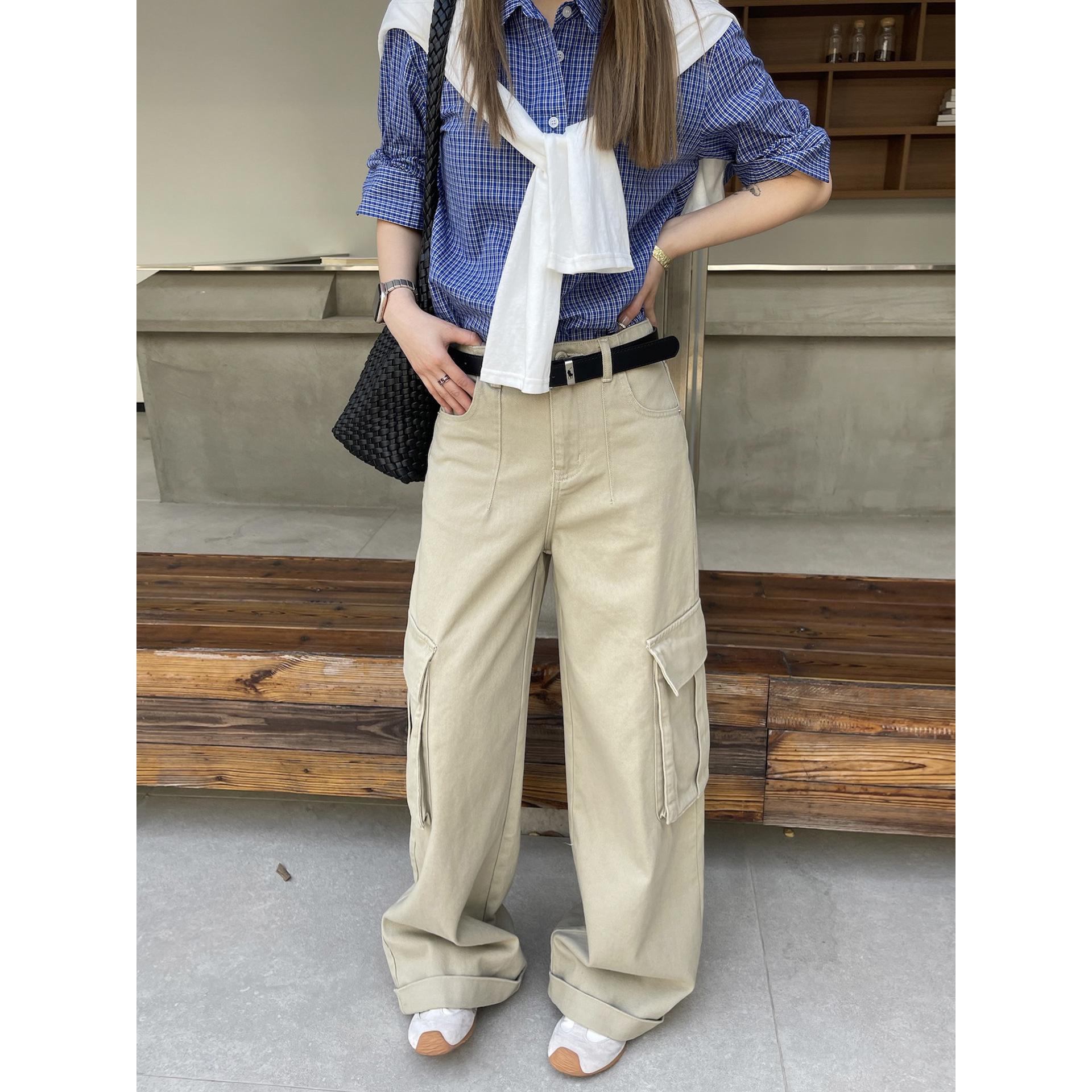 

Women s Spring Casual Wide-Leg Cargo Pants with Large Pockets 29 хаки