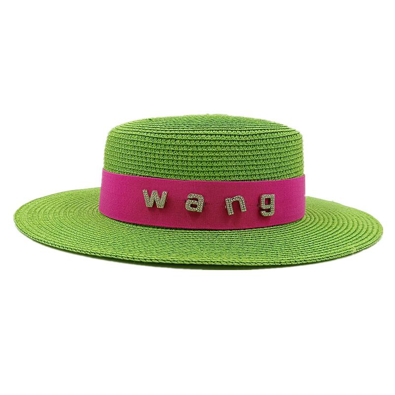 2022 new rhinestone RB letter flat top hat sunscreen black and white straw hat top hat holiday straw hat