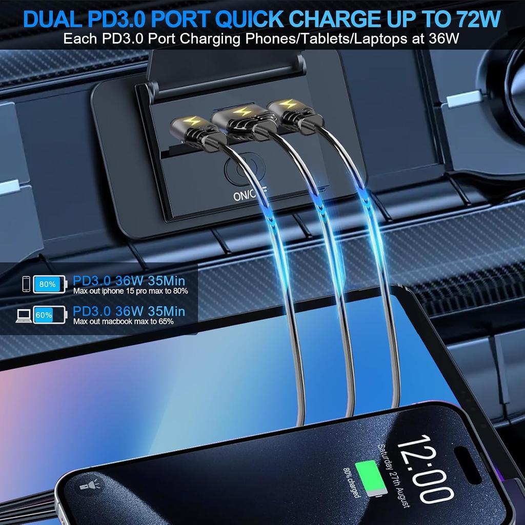 2PCS 3 Ports 12V RV USB Outlet 72W, Gibbab Dual USB QC3.0 36W & PD3.0 Type-C Quick Charge 36W Panel Wall Mount, Automotive Car USB Socket Charger
