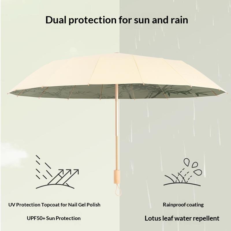 Bamboo Design 16-Rib Folding Umbrella - Large Windproof Sun Rain Parasol with UV Protection